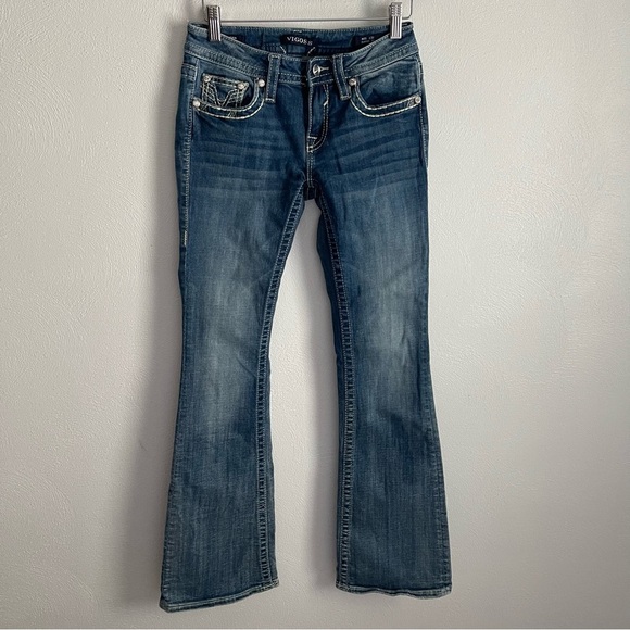 Vigoss Kendra Bootcut Jeans Size 25 Embroidered Mid Rise Denim flap pocket - Picture 2 of 11